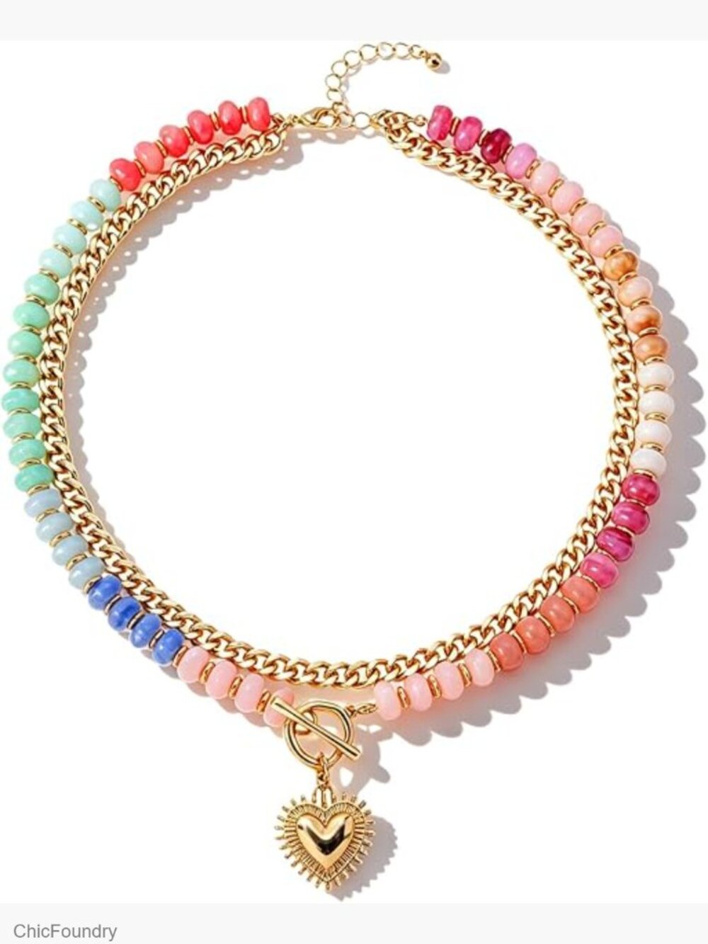 Chunky Beaded Necklace with Gold Heart Pendant Double Layer Rainbow Boho Trendy